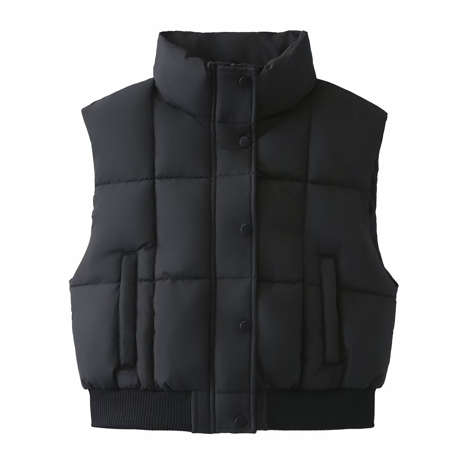 Women Quilted Cropped Puffer Vest with Stand Collar and Ribbed Hem Chichicherry