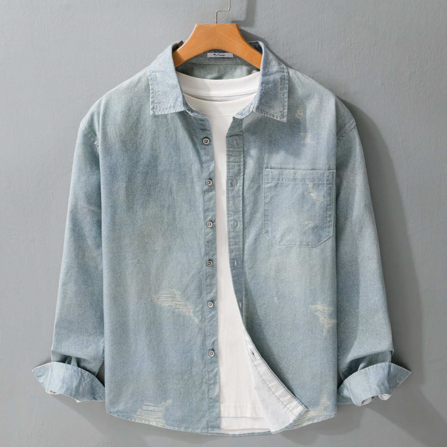 Men's Denim Overshirt with Used Effect and Chest Pocket Chichicherry