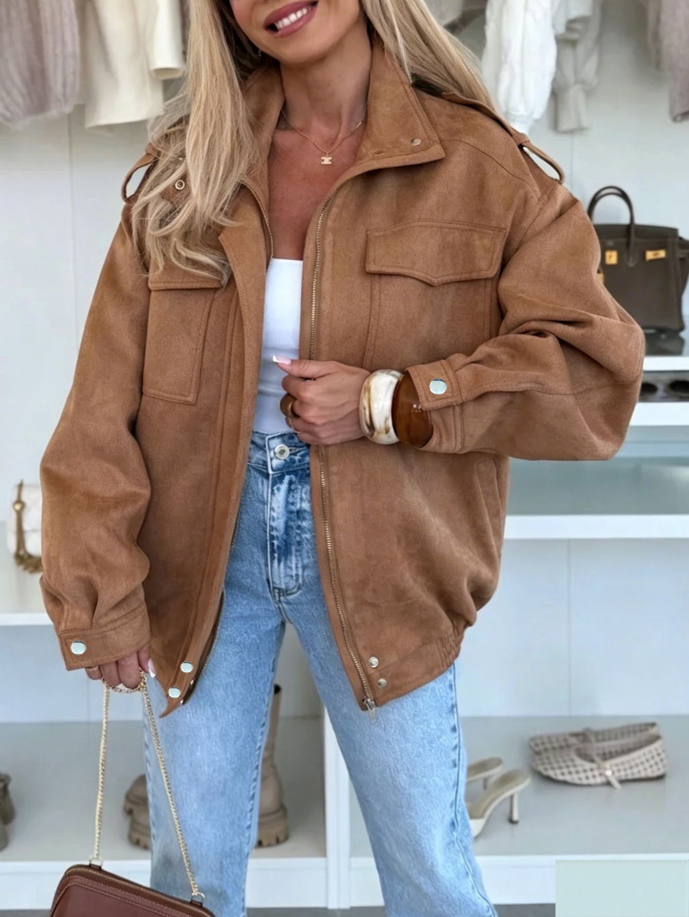 Damen Oversized Jacke in Wildleder-Optik mit Brusttaschen und Epauletten Chichicherry