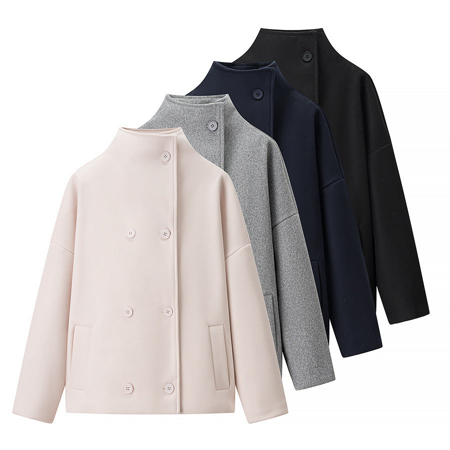Women's Boxy Wool Blend Caban Jacket with Stand Collar and Dropped Shoulders Chichicherry