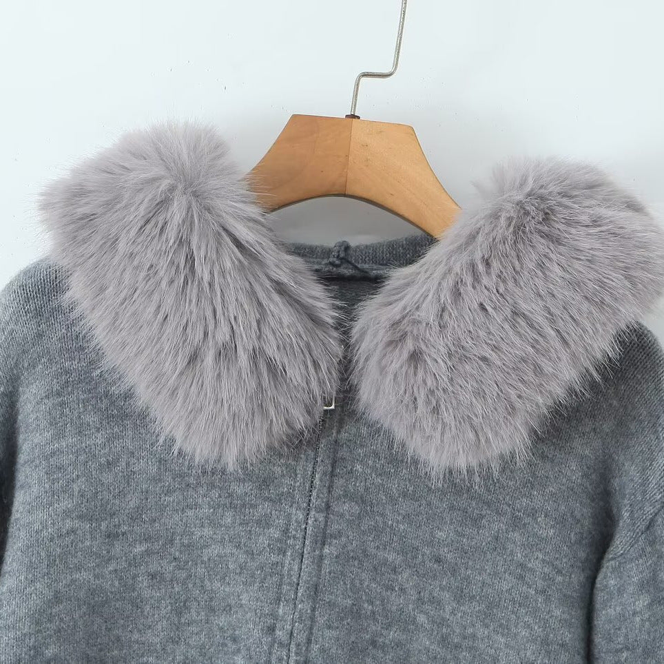Women Short-Cut Knit Jacket with Zipper and Removable Faux Fur Collar Chichicherry