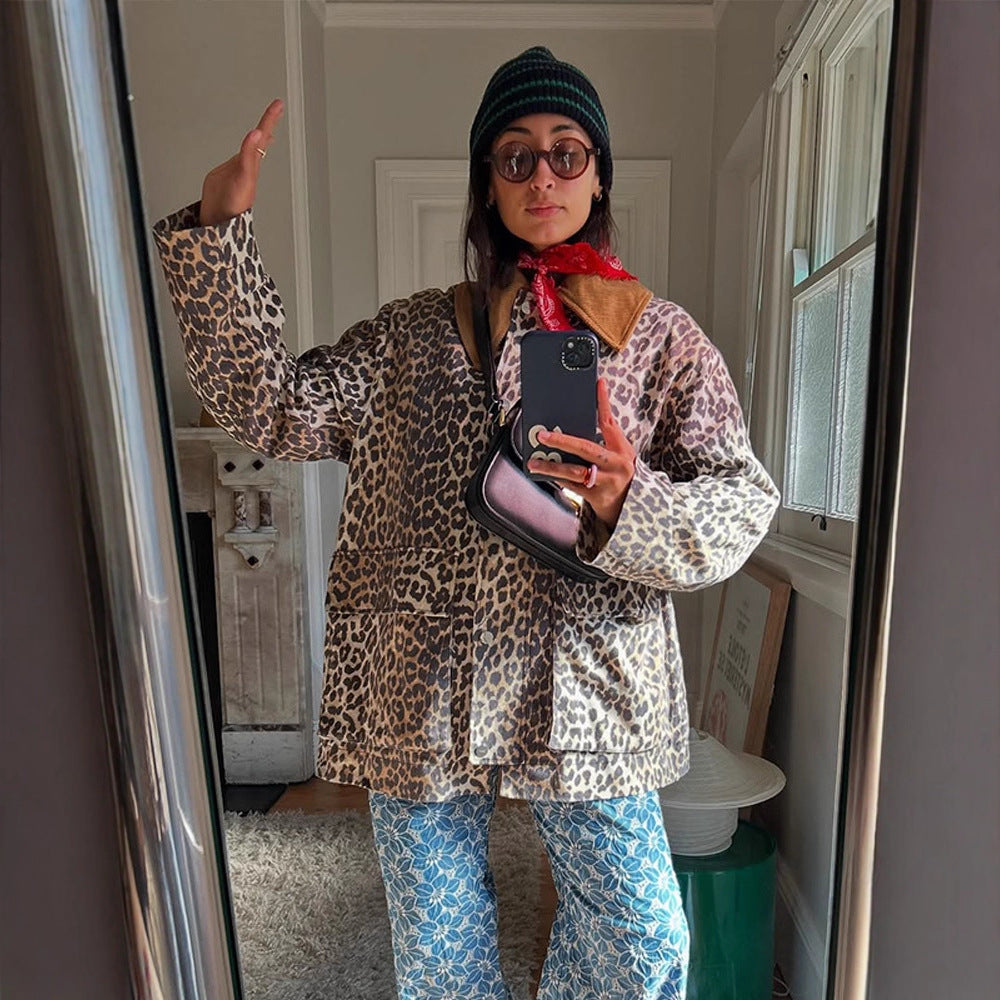 Women's Oversize Field Jacket with Leopard Print and Contrasting Cord Collar Chichicherry