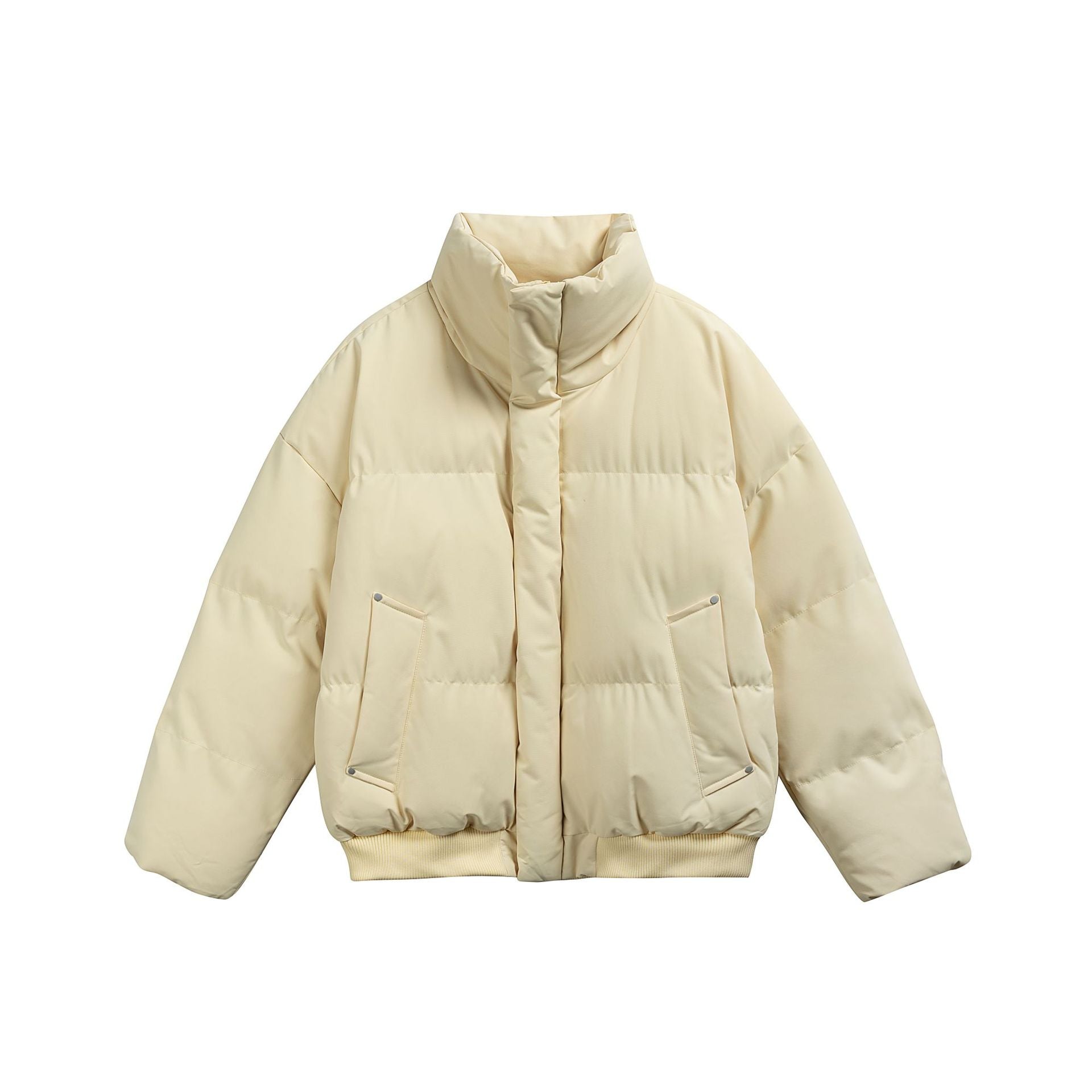 Women's short padded quilted jacket in boxy cut with high stand-up collar and ribbed hem Chichicherry