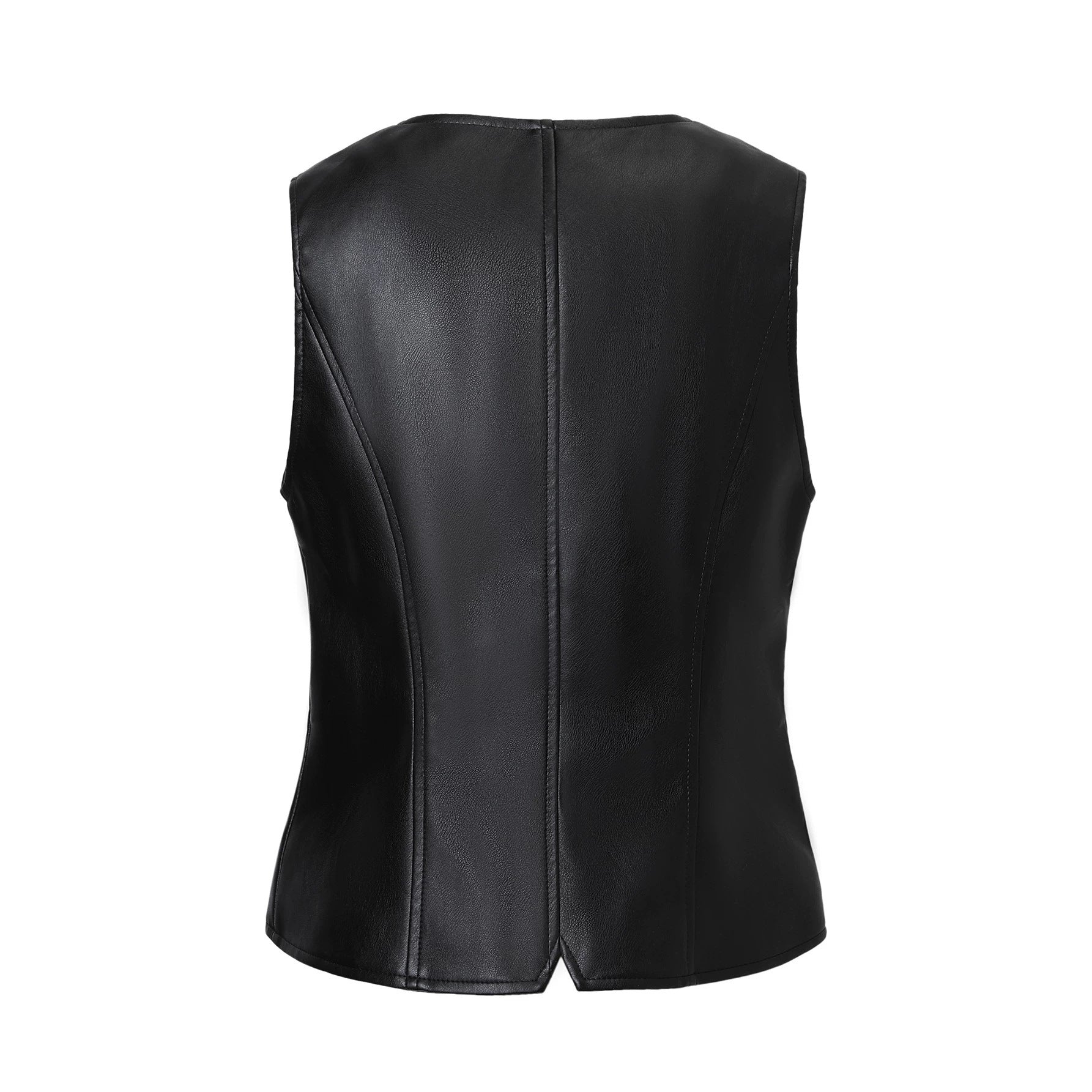 Women Tailored Leather Vest with V-Neck and Button Placket Chichicherry