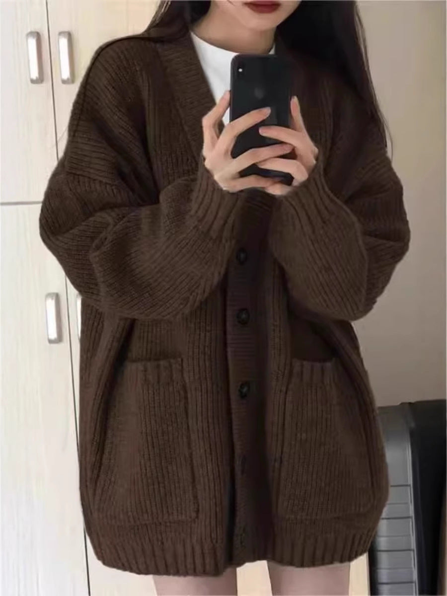 Women's Oversize Knitted Cardigan with Patch Pockets and Full Button Placket Chichicherry