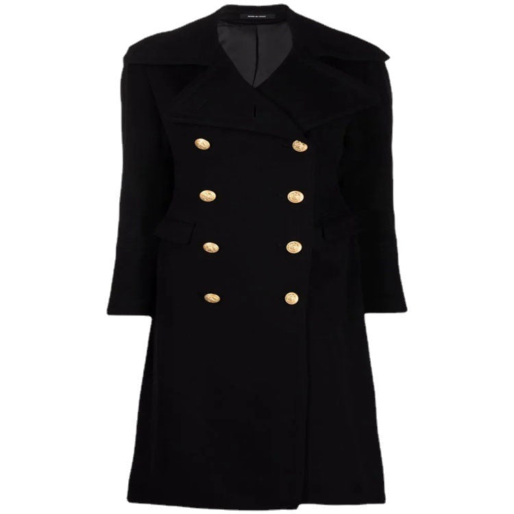 Women Tailored Double-Breasted Coat in Marine Style with Golden Decorative Buttons and Flap Pockets Chichicherry