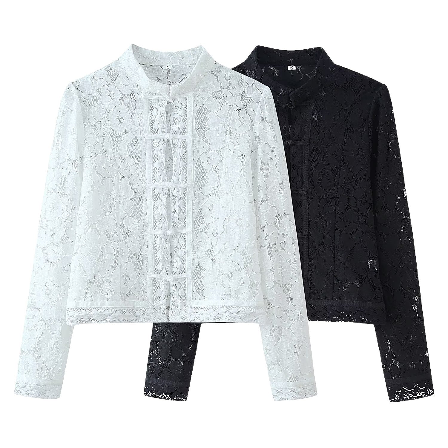 Women's Lace Jacket with Stand Collar, Chinese Knot and Transparent Floral Design Chichicherry