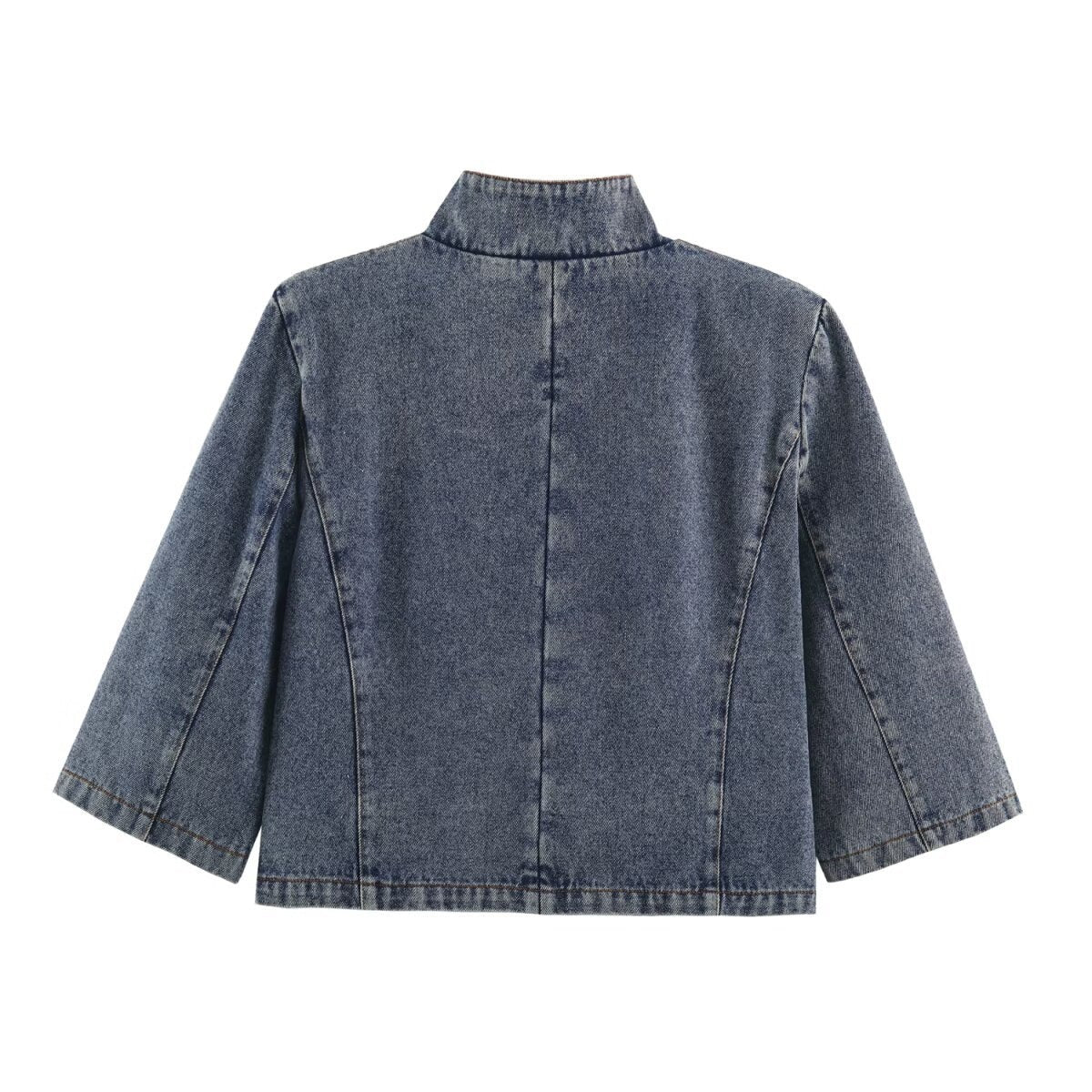 Women's Cropped Jeans Jacket in Boxy Cut with Stand-Up Collar and Three-Quarter Sleeves Chichicherry