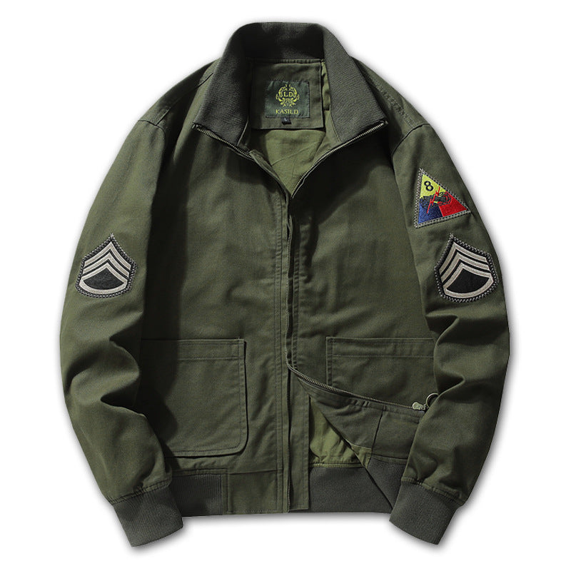 Men's military-inspired canvas bomber jacket with patches, stand-up collar, and utility pockets Chichicherry