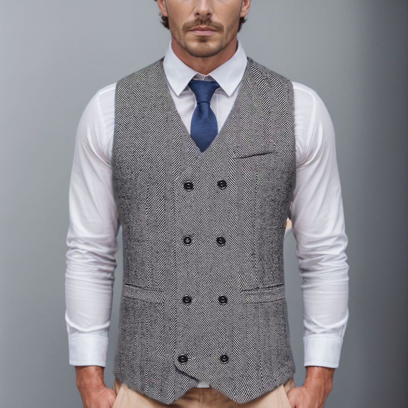 Men's Double-Breasted Herringbone Vest with Suit Look and V-Neck Chichicherry