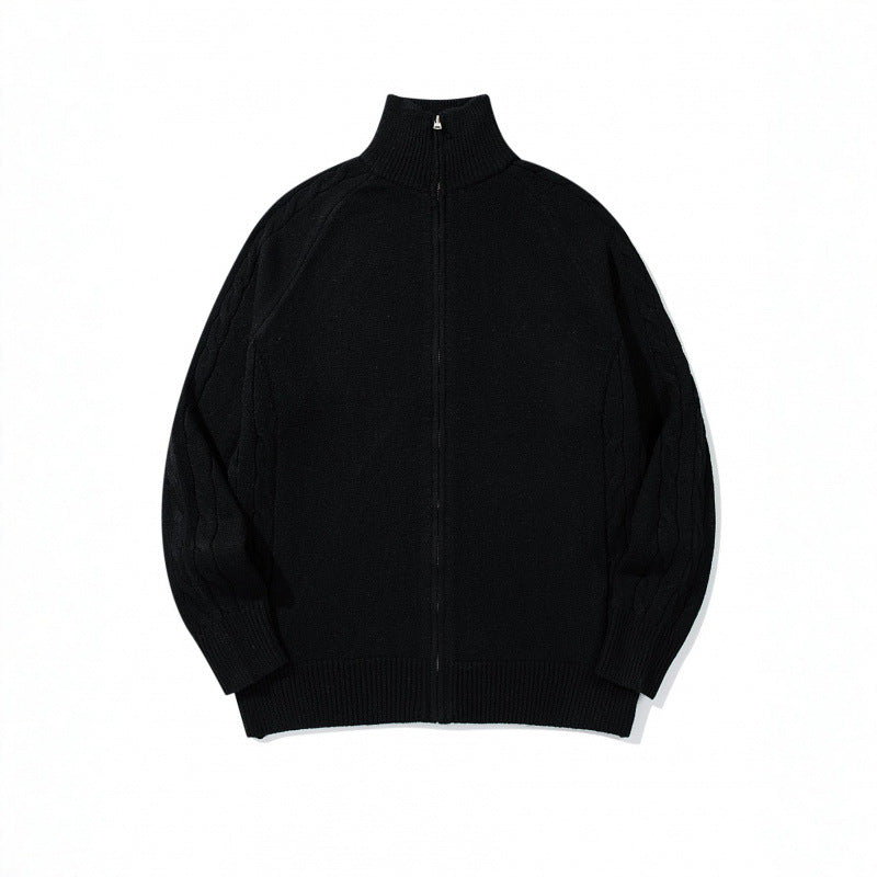 Unisex Boxy Zip Cardigan with Stand-up Collar, Cable Knit Sleeves and Ribbed Hems Chichicherry
