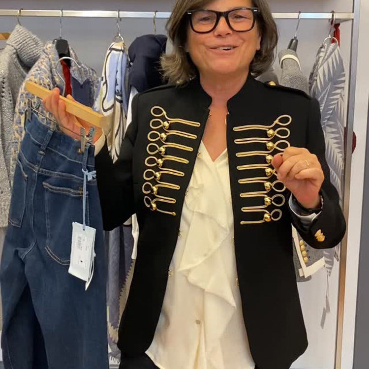 Ladies military short blazer with gold cord trim and decorative closures Chichicherry