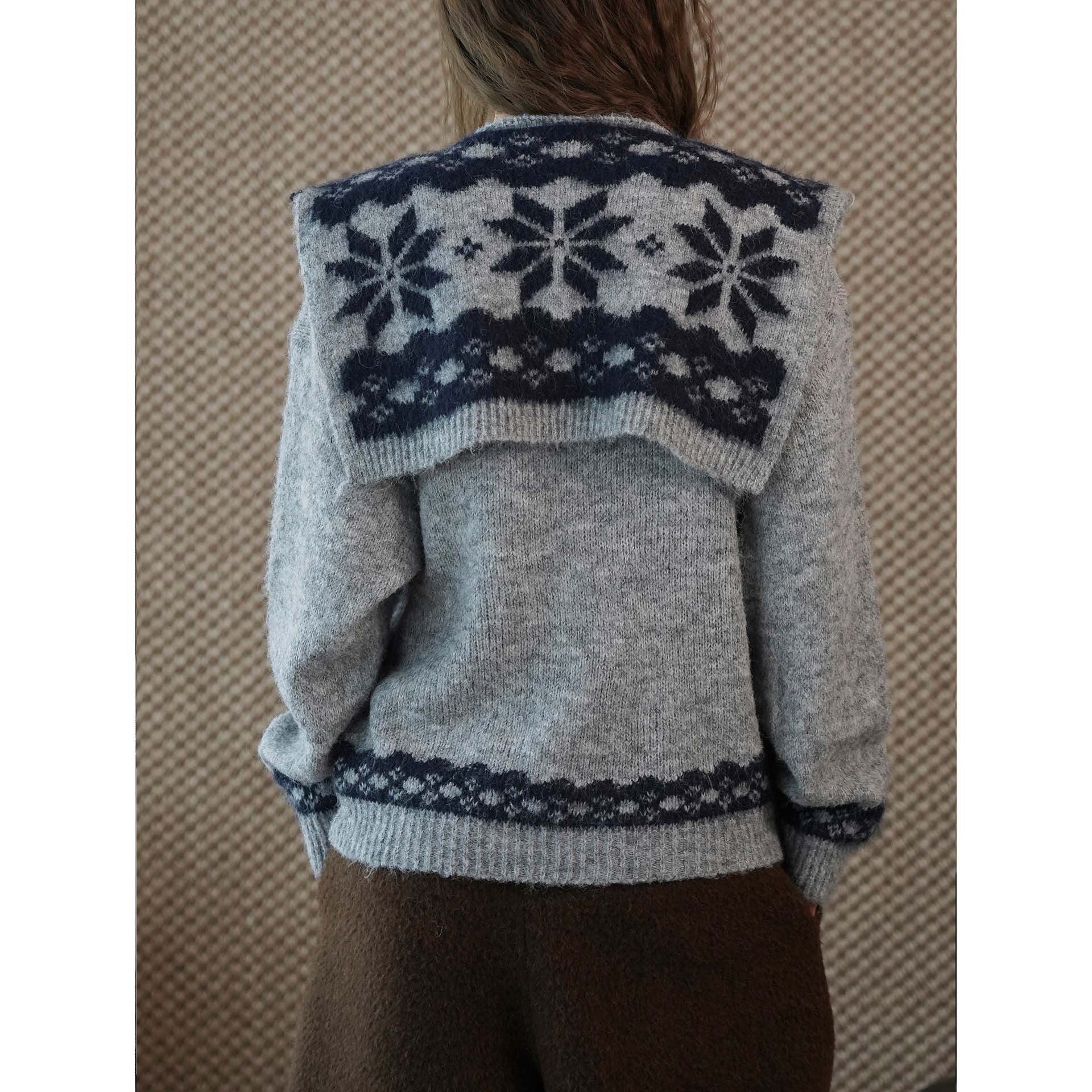Women's Cozy Fine Knit Pullover with Integrated Shoulder Scarf and Jacquard Hem Chichicherry