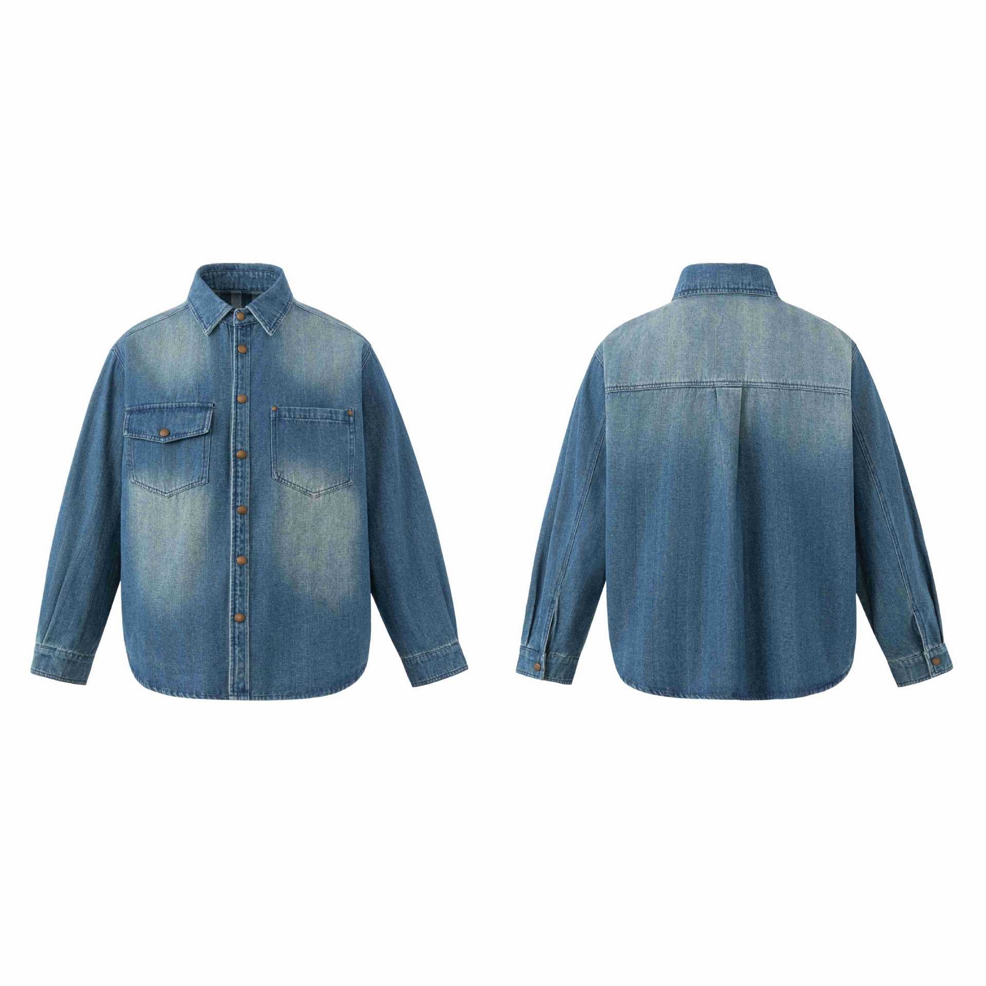 Unisex Oversize Denim Jacket with Snap Button Placket and Patch Chest Pockets Chichicherry