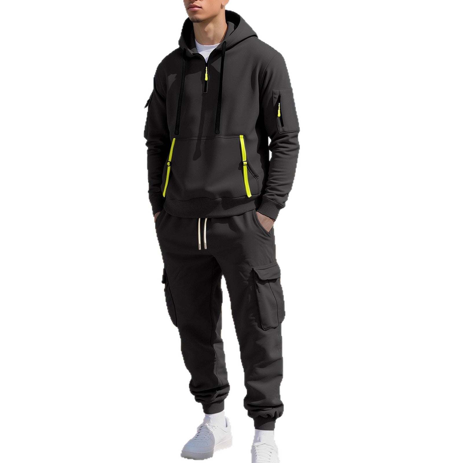 Men's hooded sweatshirt with utility pockets, half-zip and contrasting zippers Chichicherry