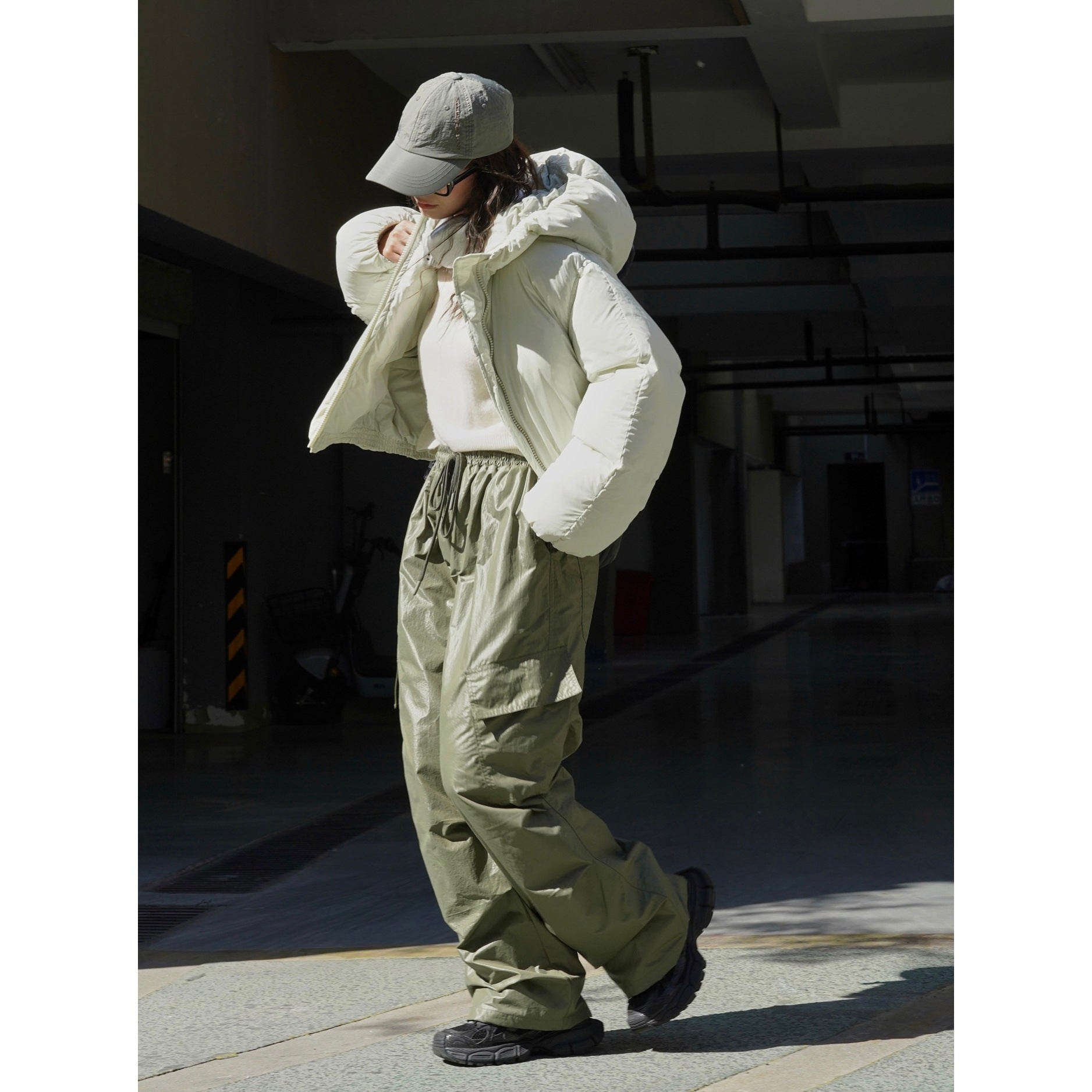 Women's Wide Nylon Cargo Palazzo Trousers with High Waist, Drawstring and Patch Utility Pockets Chichicherry