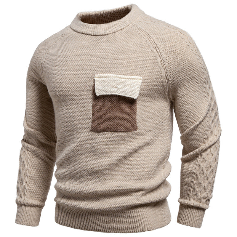 Men's pullover made of textured knit with round neck, attached chest pocket and cable pattern sleeves Chichicherry