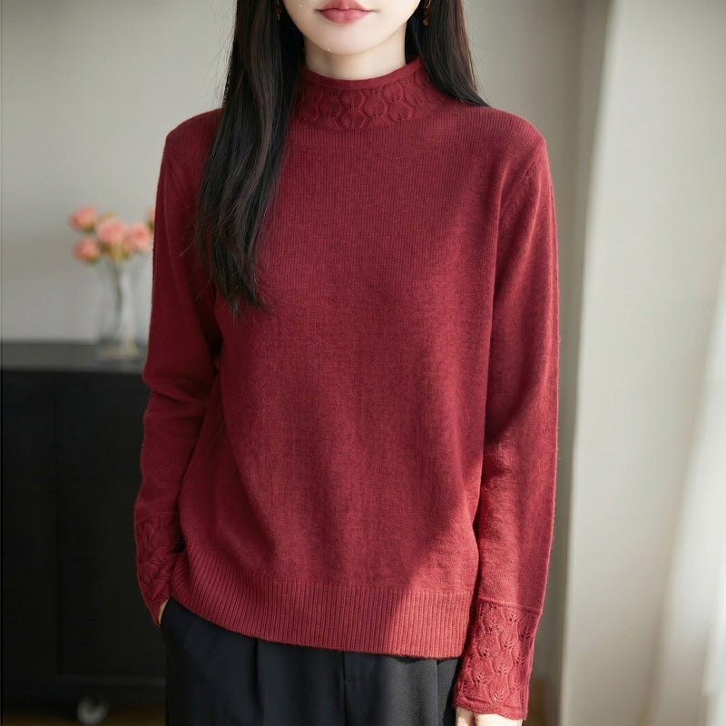 Ladies Mockneck fine knit pullover with eyelet detail at collar and cuffs Chichicherry