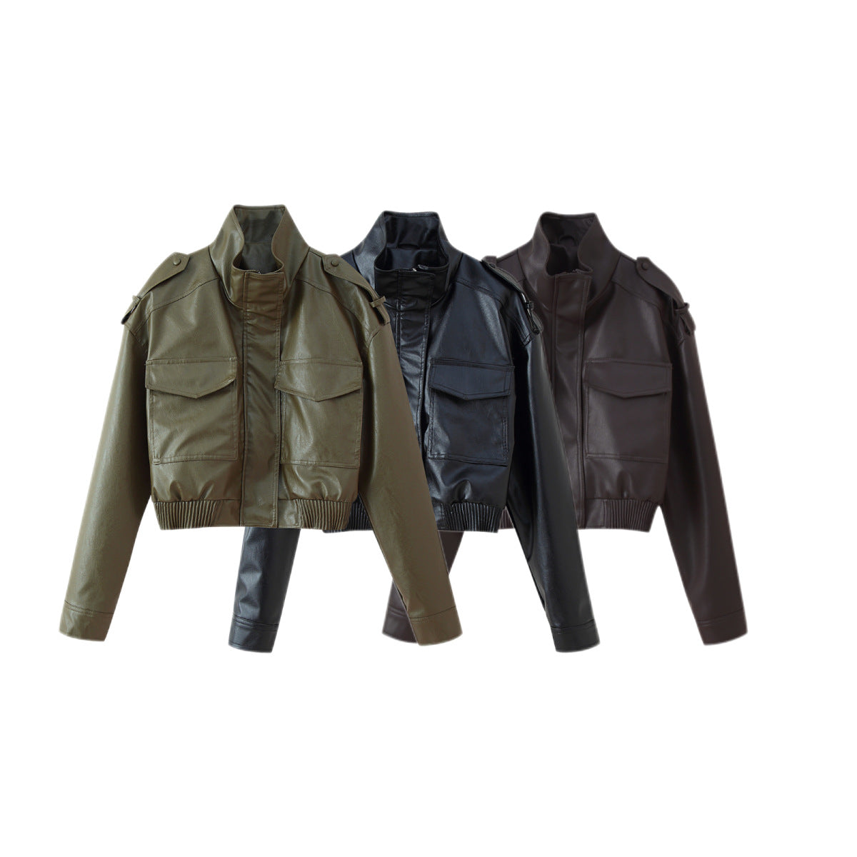 Women Short-Cut Leather Bomber with High Stand Collar, Shoulder Straps and Flap Pockets Chichicherry