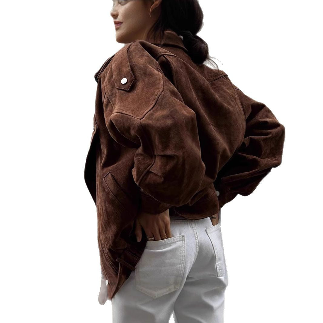 Women Oversized Suede Bomber Jacket with Waist Belt and Shawl Collar Chichicherry