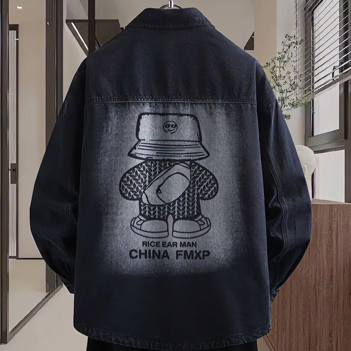 Herren Oversized Denim-Hemdjacke im Relaxed-Worker-Style mit Brusttasche und Druckknöpfen Chichicherry