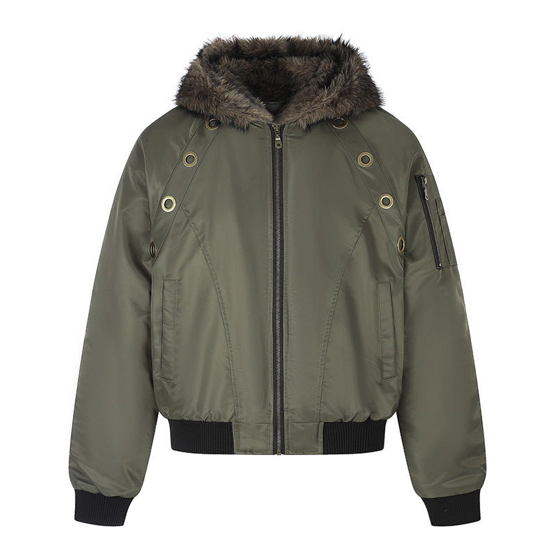 Women's short-cut bomber jacket with faux fur hood and eyelet application Chichicherry
