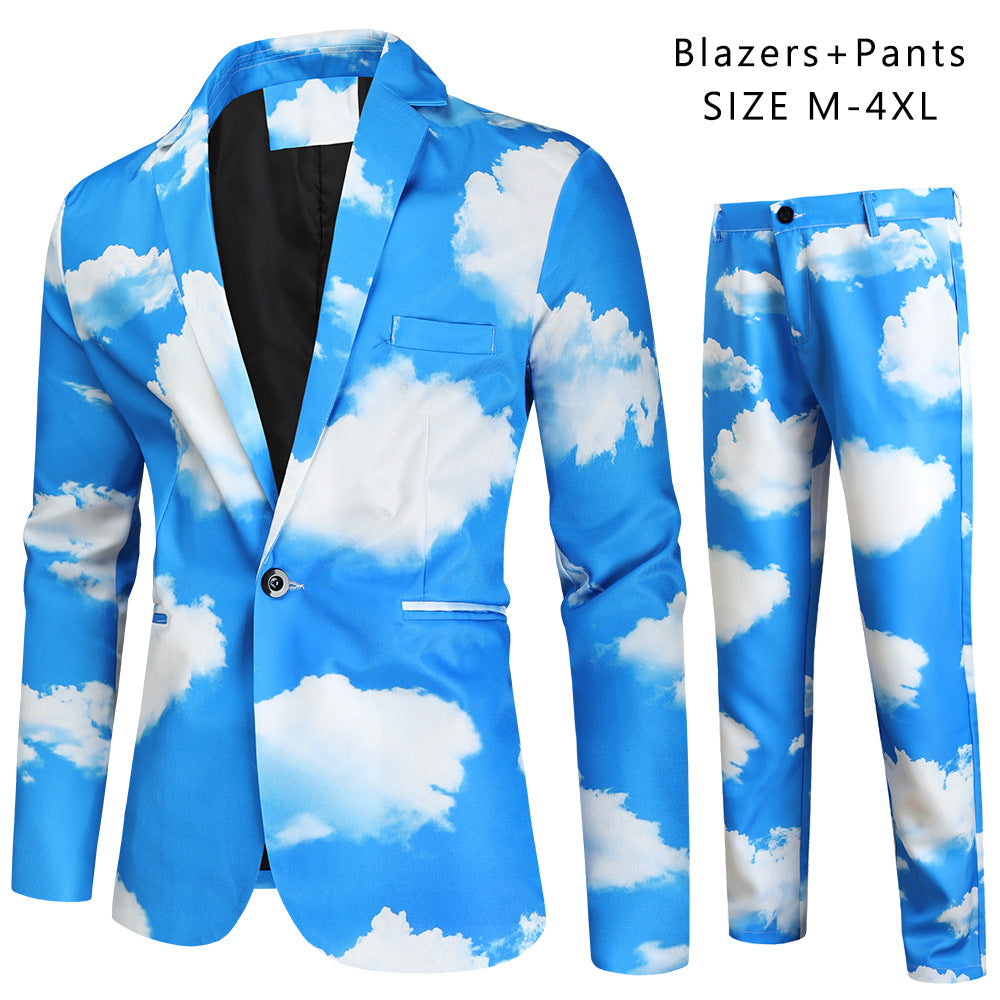 Men's Two-Piece Statement Suit with All-Over Cloud Print and Slim Silhouette Chichicherry
