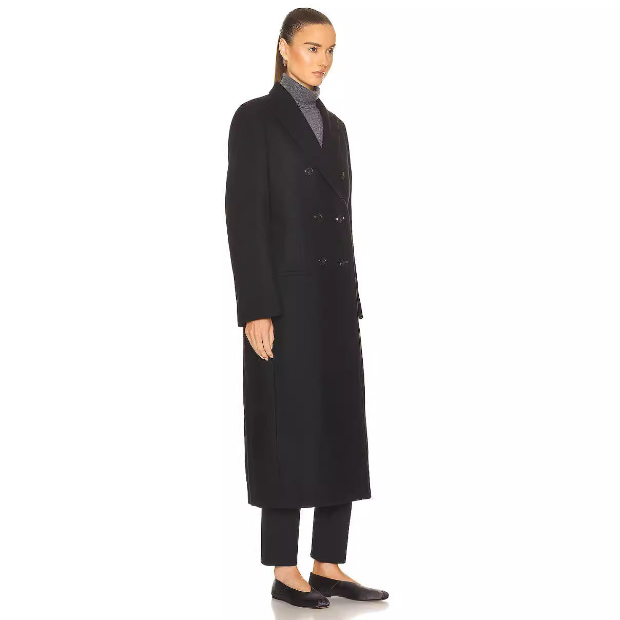 Women Maxi Length Double Breasted Wool Blend Long Coat with Tailored Finish Chichicherry
