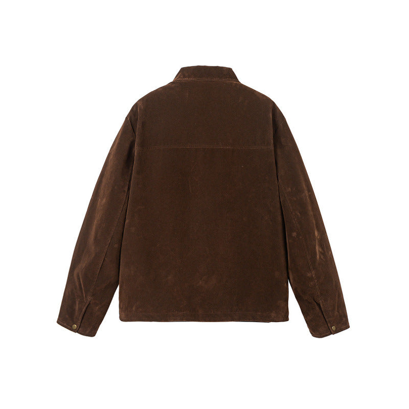 Men's short jacket made of suede look with decorative shoulder buckles and concealed zipper Chichicherry