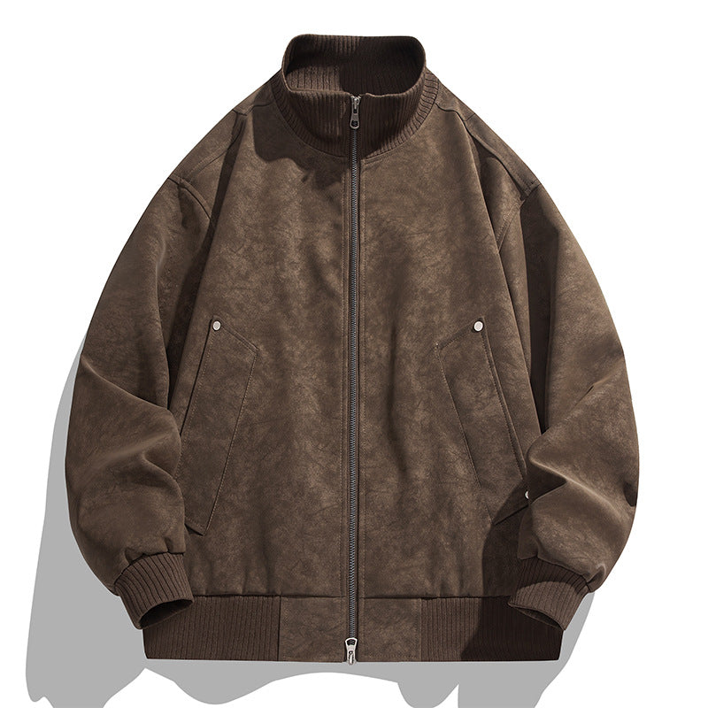 Men's Oversized Suede Look Bomber Jacket with Stand-Up Collar and Ribbed Cuffs Chichicherry