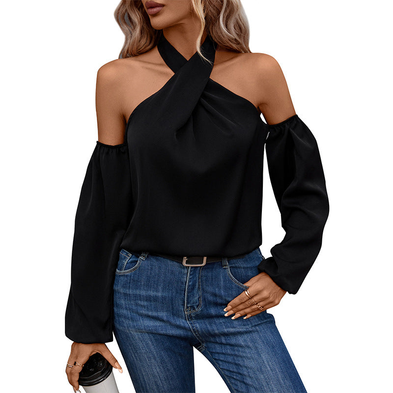 Women's halter top with crossed neckline, off-shoulder design, and balloon sleeves Chichicherry