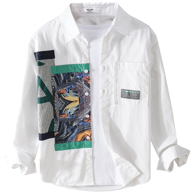 Men's Casual Shirt with Artistic Print Panels and Sewn-On Chest Pocket Chichicherry