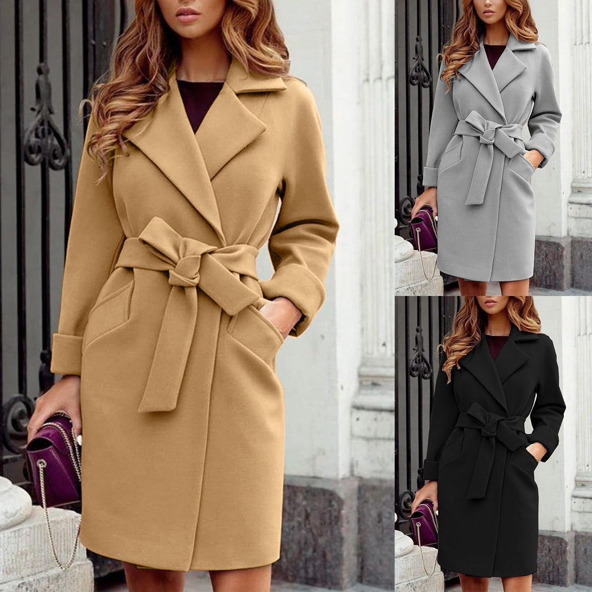 Women's Elegant Knee-Length Coat made of Wool Blend with Wide Lapels and Tie Belt Chichicherry