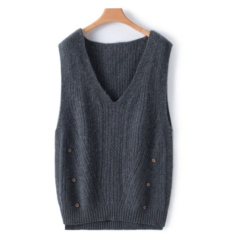 Ladies' knitted long vest with V-neck, cable pattern and side button placket Chichicherry