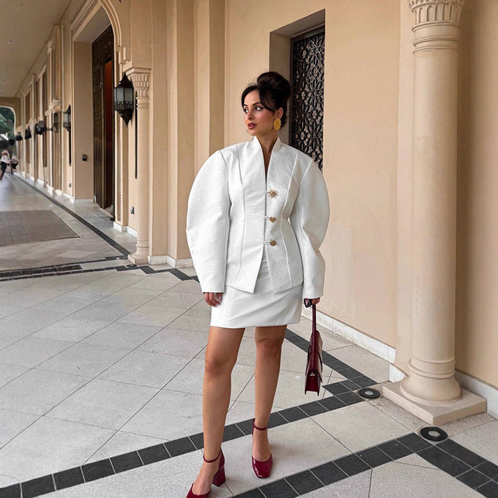 Women's Tailored Blazer Suit with Sculptural Balloon Sleeves and Mini Skirt Chichicherry