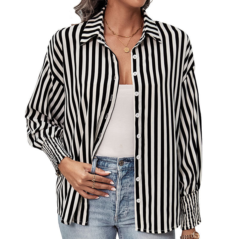 Women's Long-Sleeved Boyfriend Shirt Blouse with Vertical Striped Pattern and Gathered Cuffs