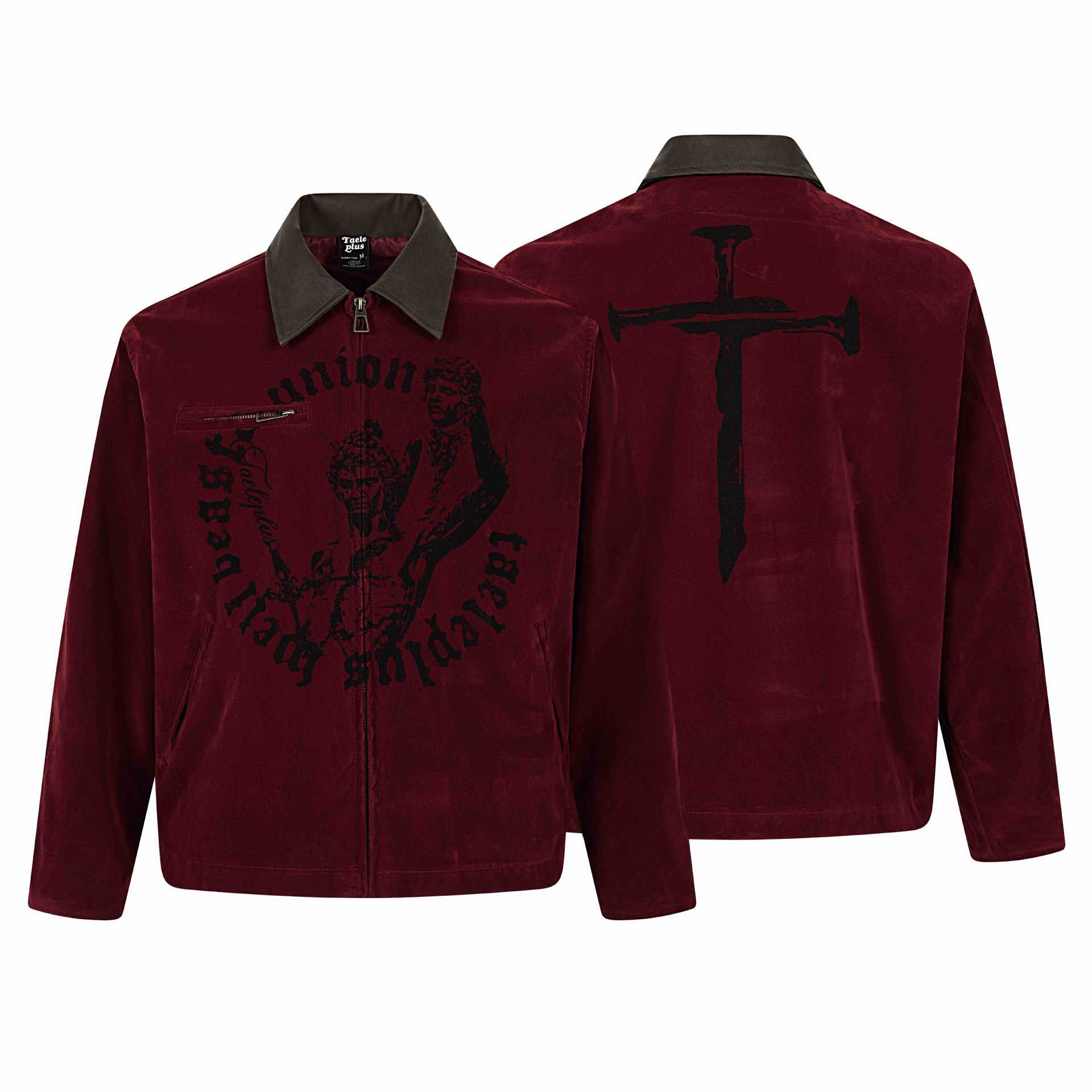 Men's velvet bomber jacket with contrast collar, front zipper and graphic print Chichicherry