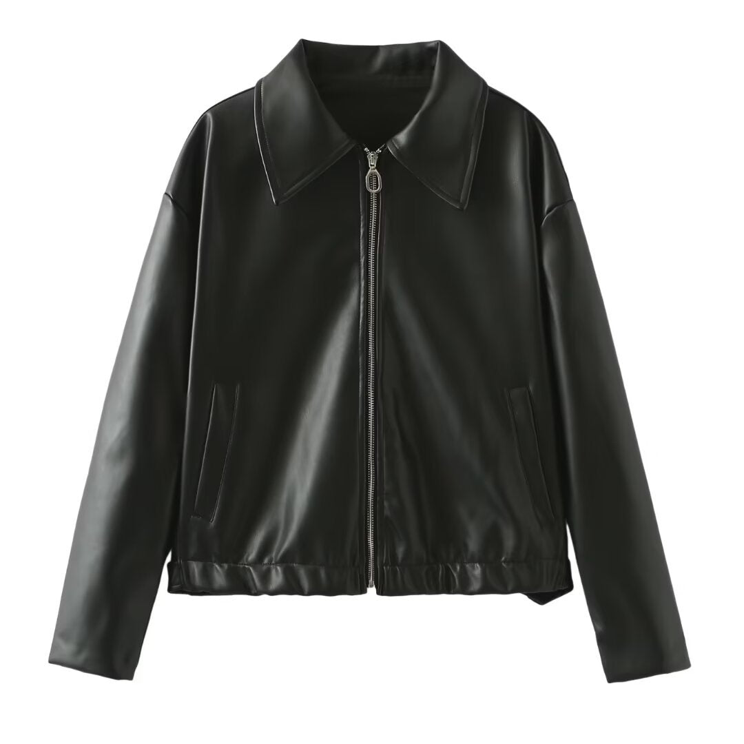 Women Short Oversized Leather Look Jacket with Zipper, Hem Band and Kent Collar Chichicherry