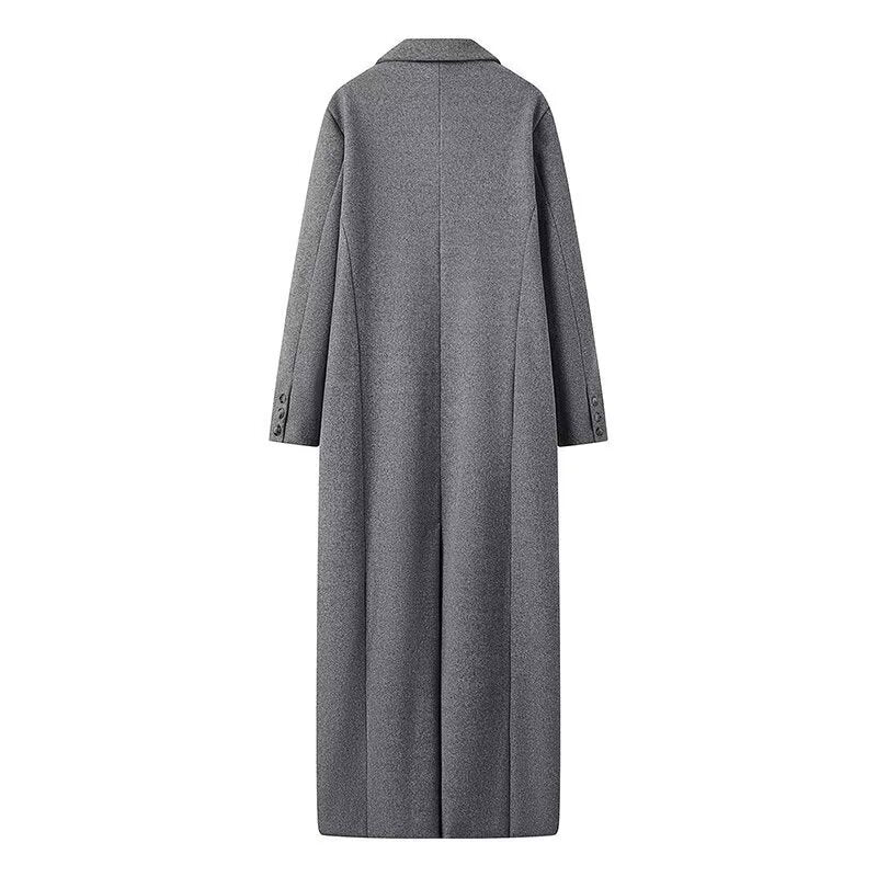 Women's Longline Wool Coat with Oversized Cut, Notched Collar and Side Slits Chichicherry