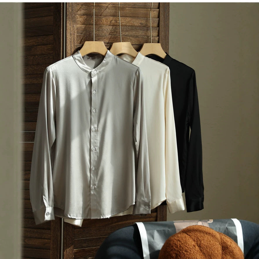 Women's Elegant Satin Blouse with Buttoned Neckline Drune