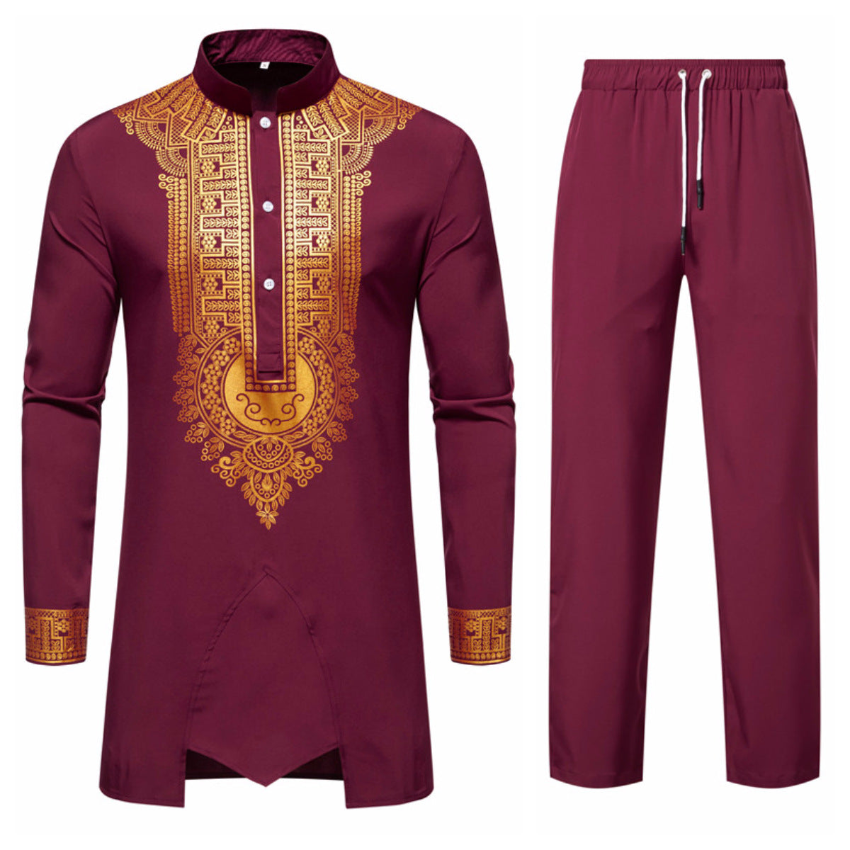 Men's Traditional Tunic Set with Stand-Up Collar and Gold Ornament Print, Long Shirt & Drawstring Pants Chichicherry