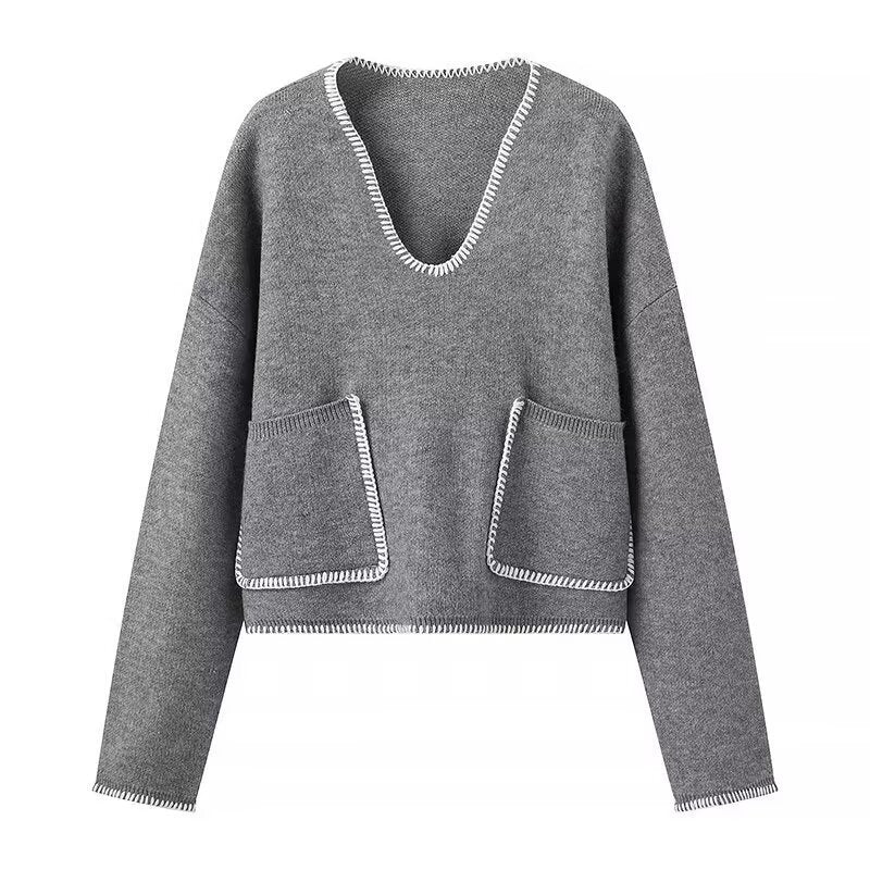 Women Short V-Neck Sweater with Decorative Seams and Patch Pockets Chichicherry