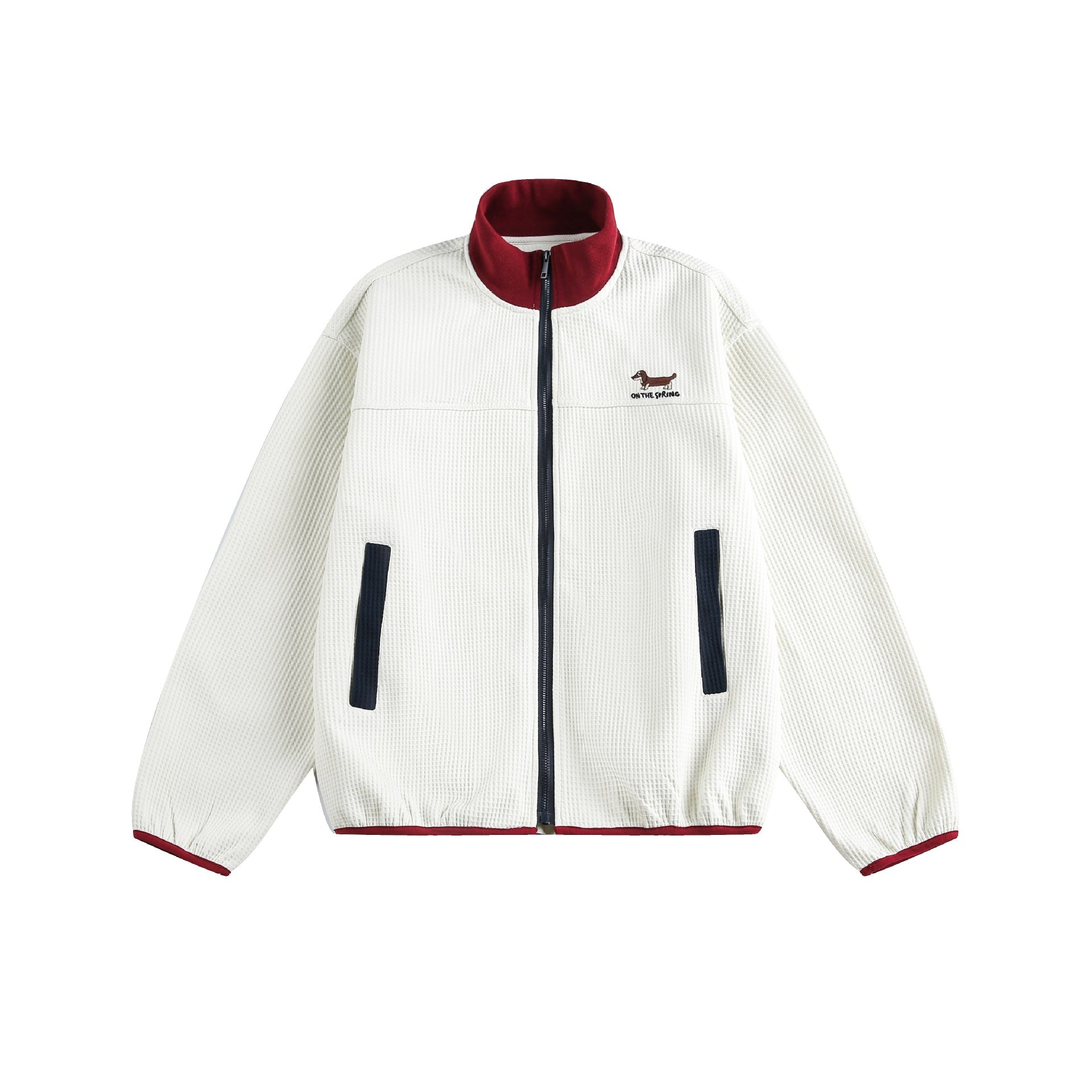 Women’s waffle structure zip jacket in boxy cut with stand-up collar and dog embroidery Chichicherry