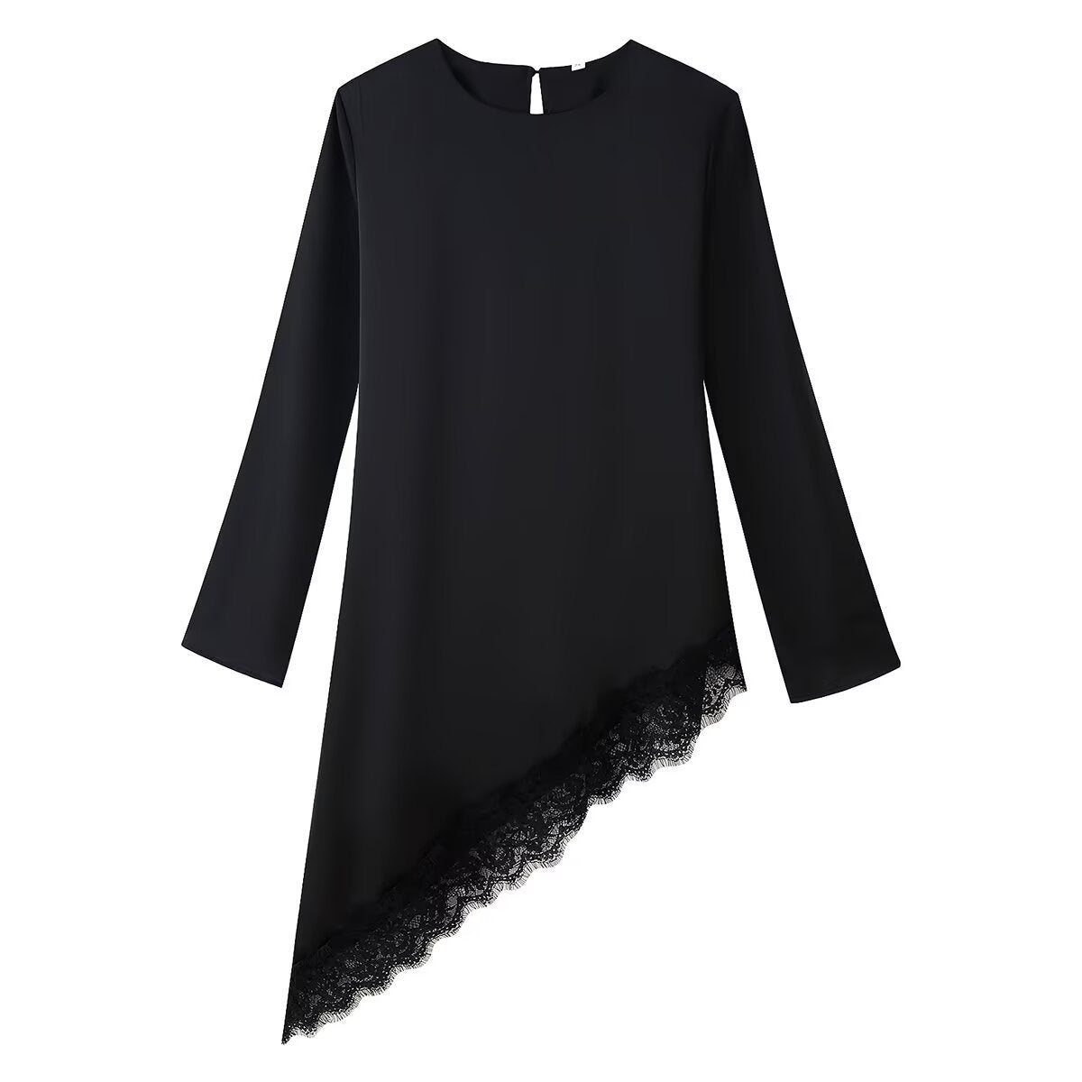Women's Asymmetrical Long Sleeve Tunic with Lace Trim and Asymmetrical Hem Chichicherry