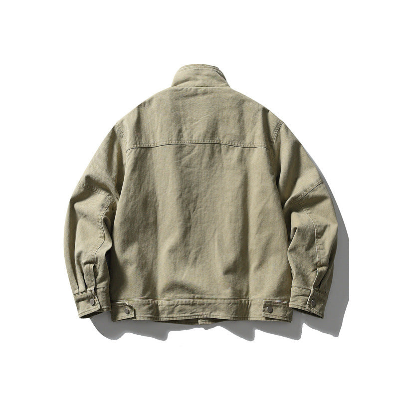 Men's Oversized Canvas Jacket with Stand-Up Collar, Snap Button Front and Concealed Zipper Interior Insert Chichicherry