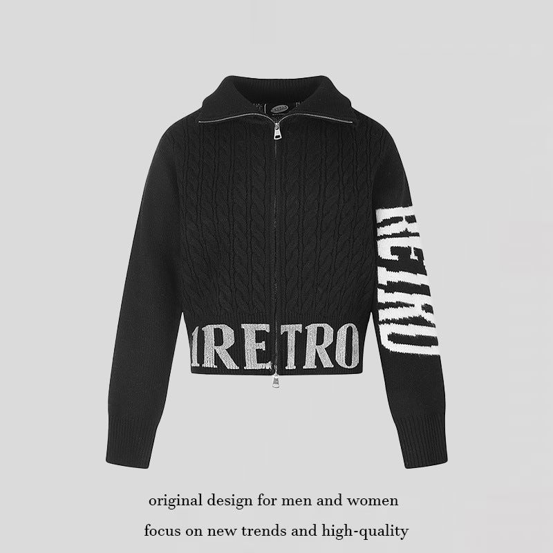 Women's Short Cable Knit Cardigan with Stand-up Collar, Full-Length Zipper and Typo Hem Chichicherry