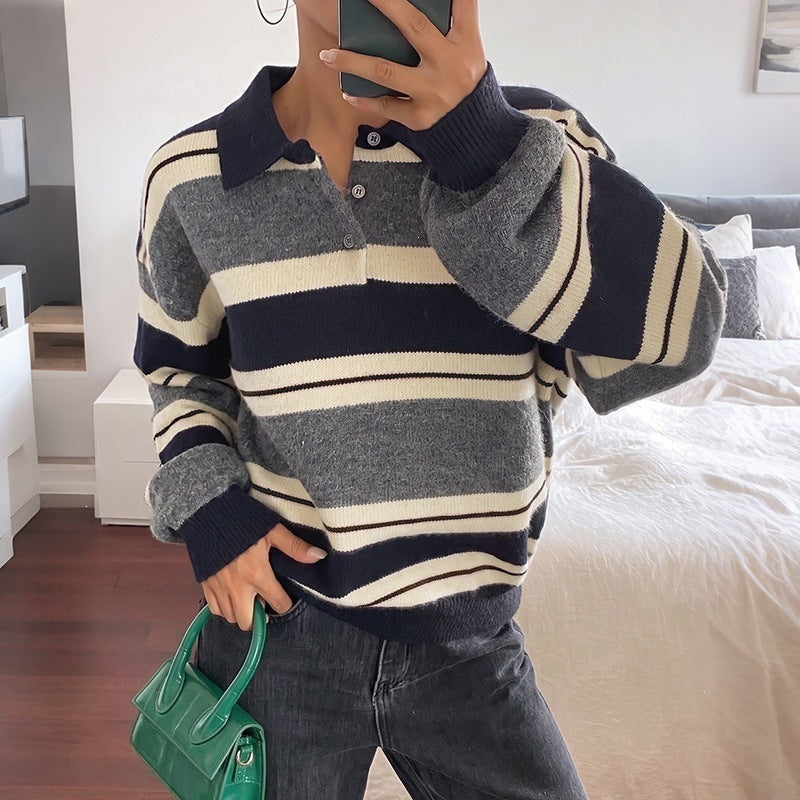 Women’s Oversize Polo Collar Knit Sweater with Striped Pattern and Raglan Sleeves Chichicherry