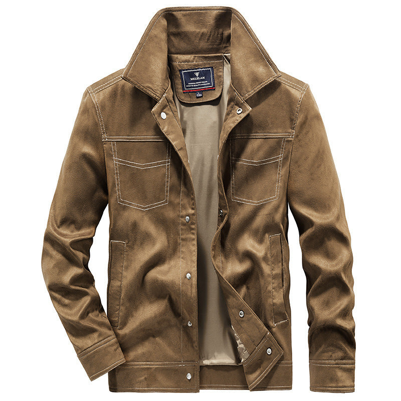 Men's Canvas Work Jacket with distinctive contrast stitching, high collar, and snap button closure Chichicherry