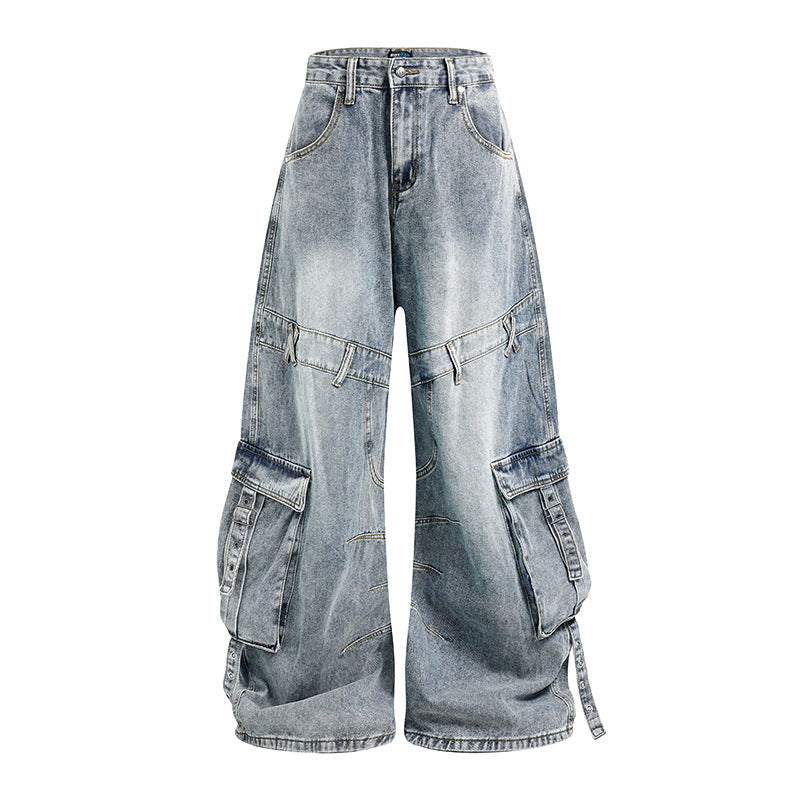 Women Wide Denim Cargo Culotte Pants with High Waist and Multifunctional Pockets Chichicherry