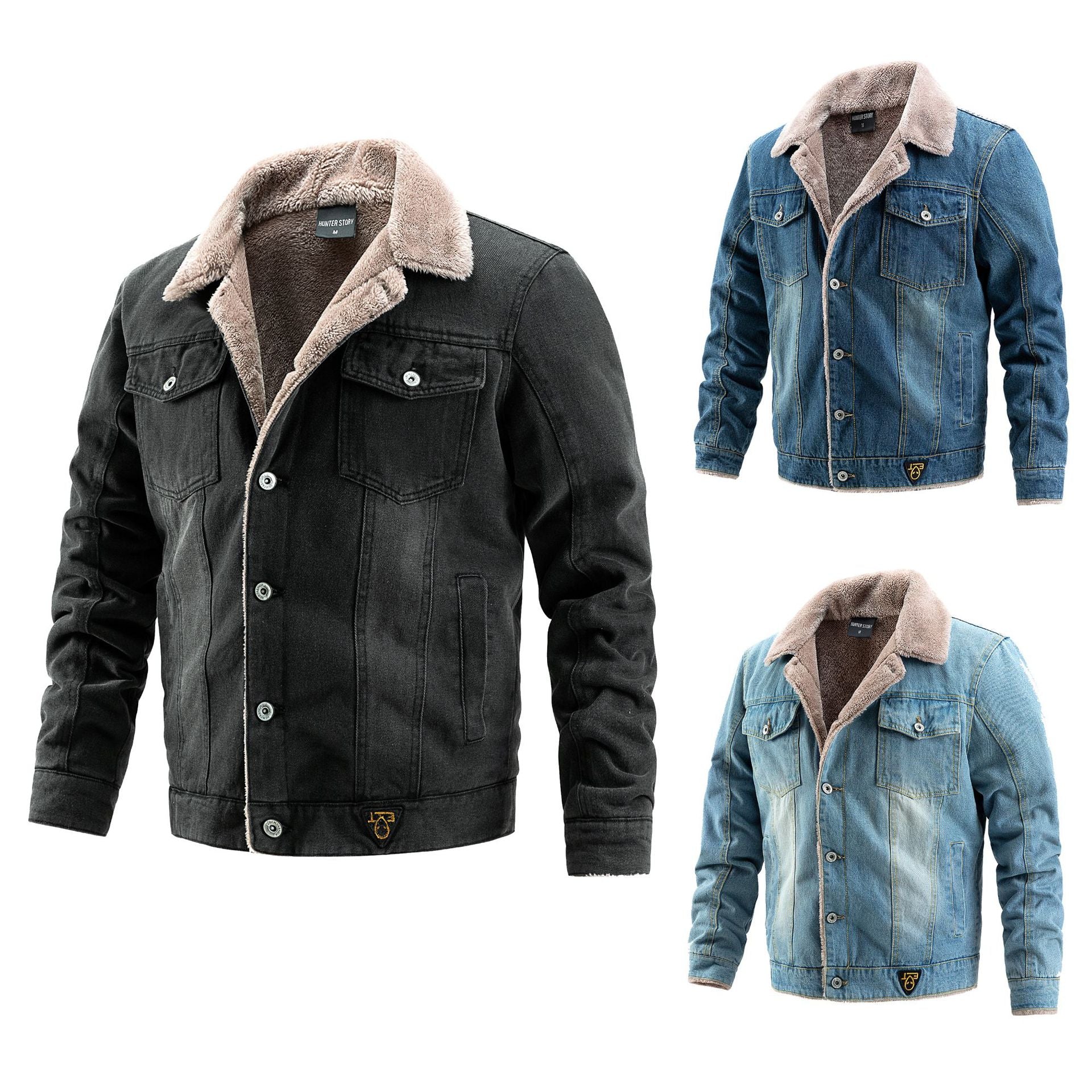 Men's Robust Denim Trucker Jacket with Sherpa Lining and Teddy Collar Chichicherry